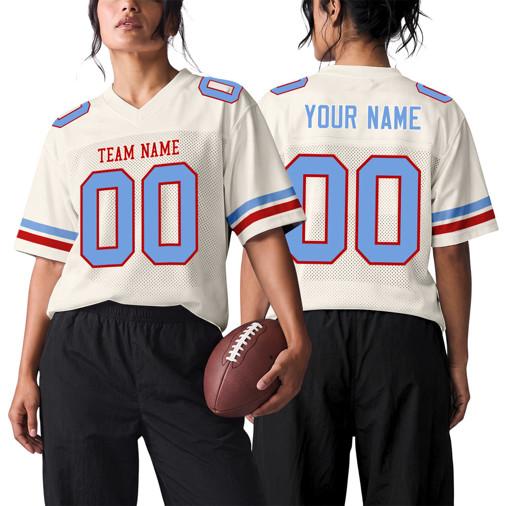 Custom Cream Light Blue-Red Mesh Football Jersey