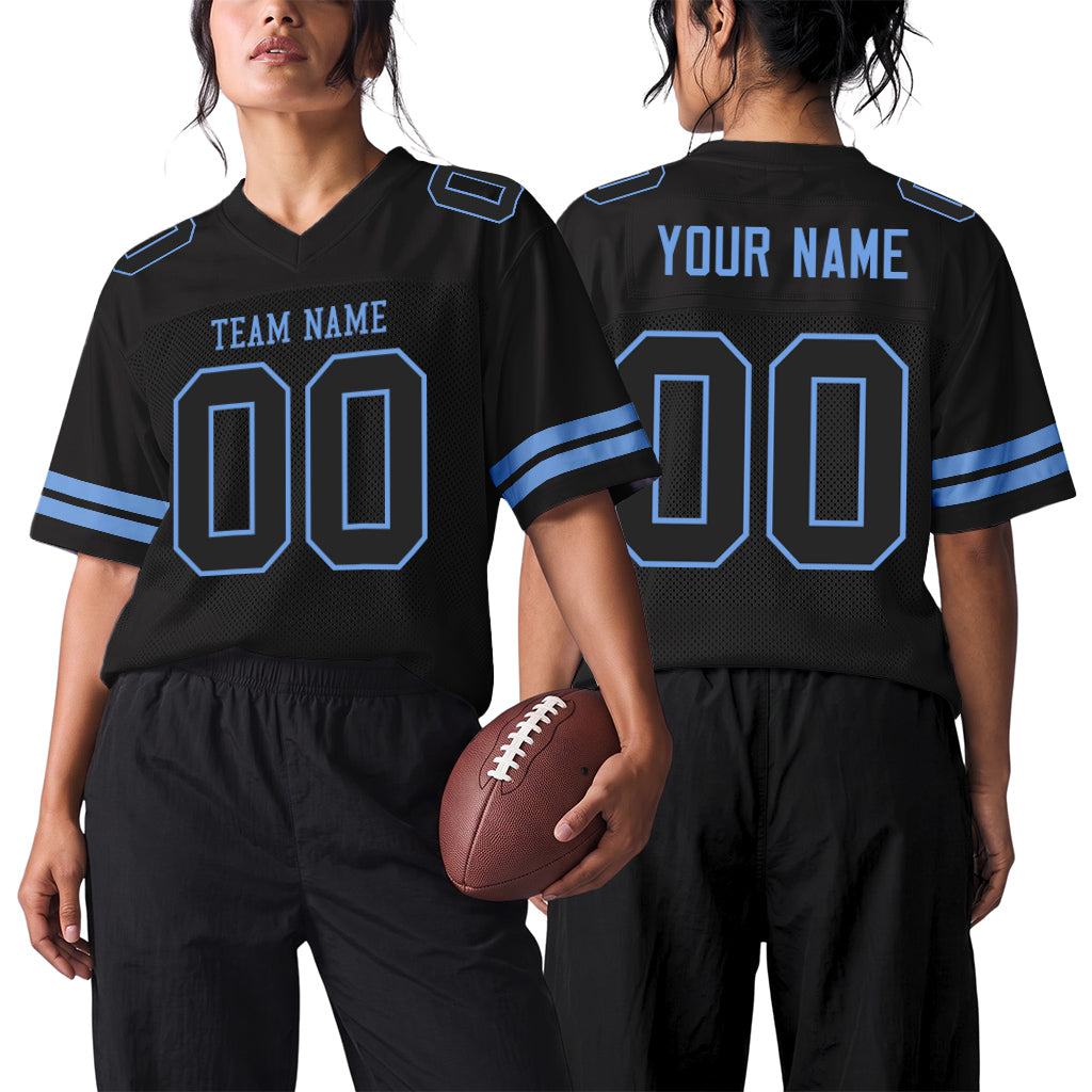 Custom Black Black-Light Blue Mesh Football Jersey