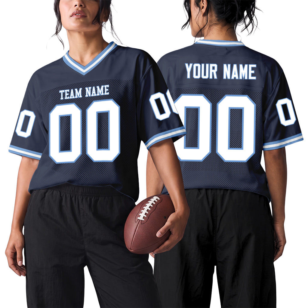 Custom Navy White-Light Blue Mesh Football Jersey