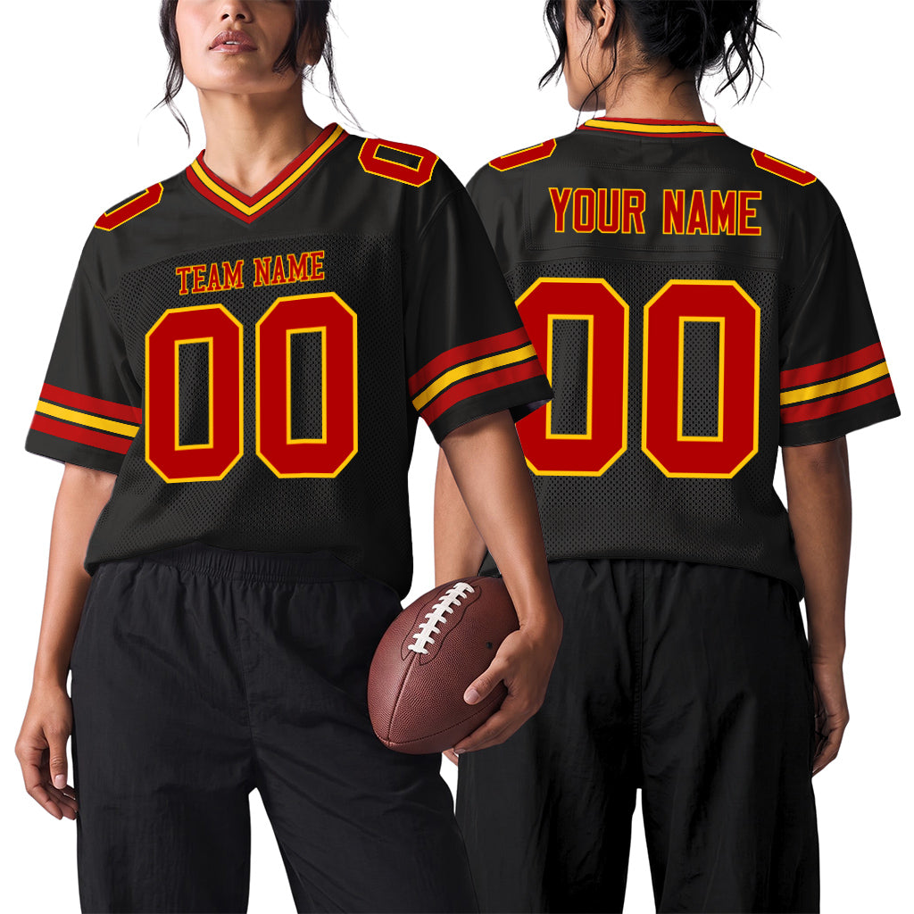 Custom Black Red-Gold Mesh Football Jersey