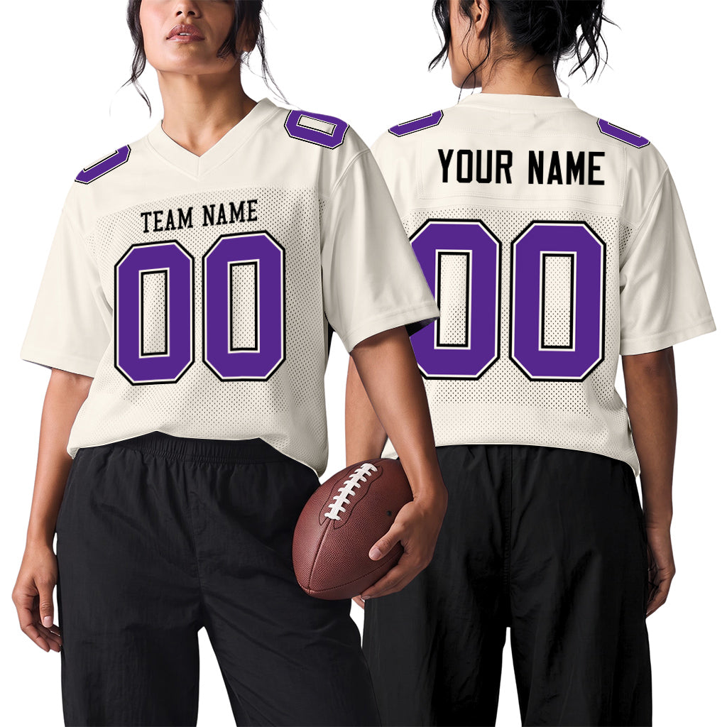 Custom Cream Purple-Black Mesh Football Jersey