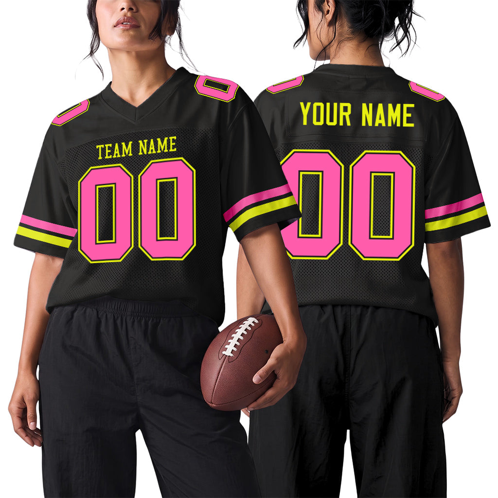 Custom Black Pink-Neon Yellow Mesh Football Jersey