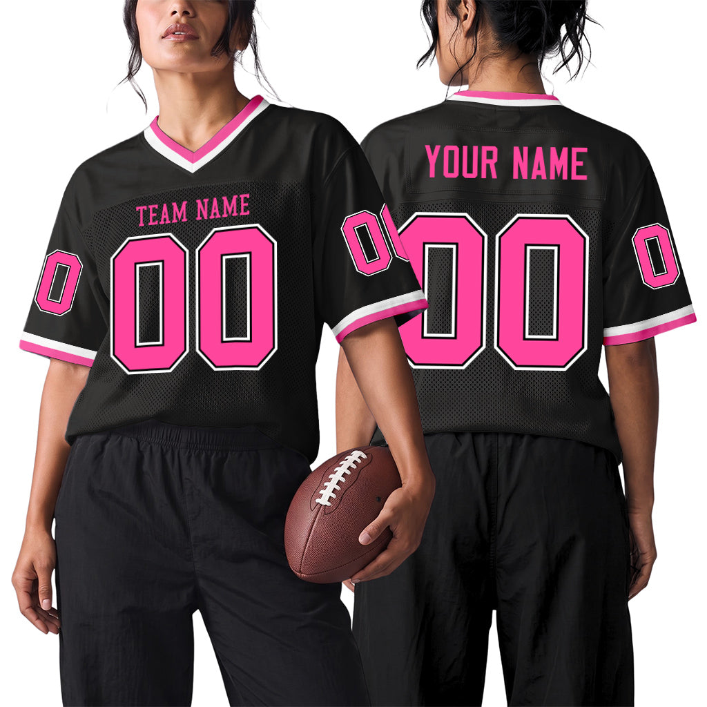 Custom Black Pink-White Mesh Throwback Mesh Football Jersey
