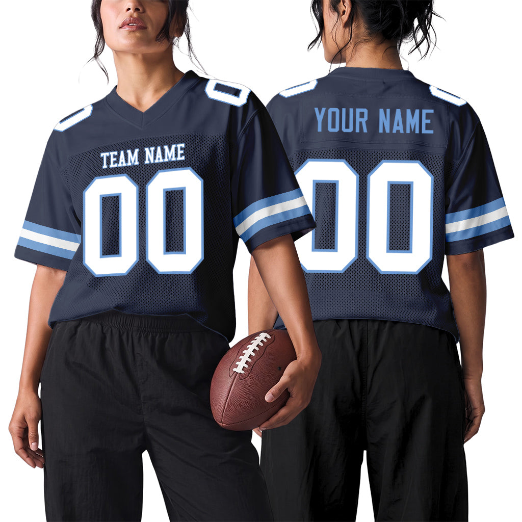 Custom Navy White-Light Blue Mesh Football Jersey