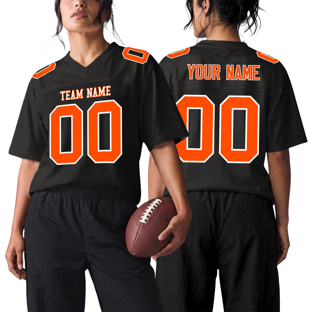 Custom Black Orange-White Mesh Football Jersey