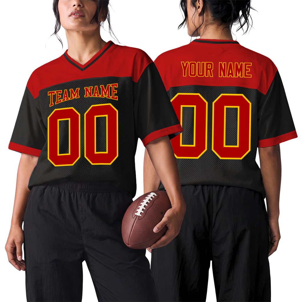 Custom Black Red-Yellow Mesh Football Jersey