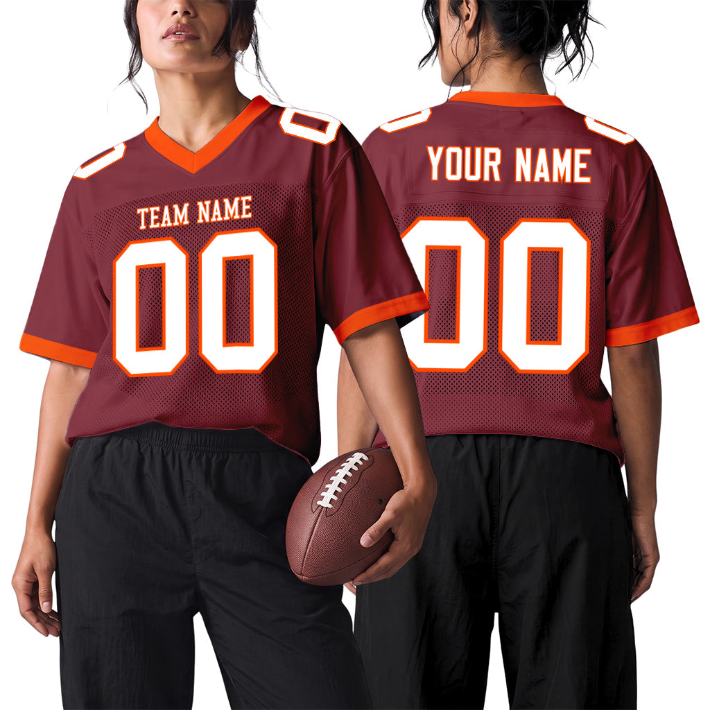 Custom Burgundy White-Orange Mesh Football Jersey