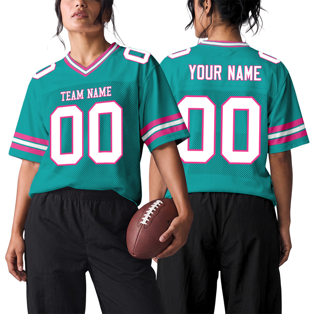 Custom Aqua White-Pink Mesh Football Jersey