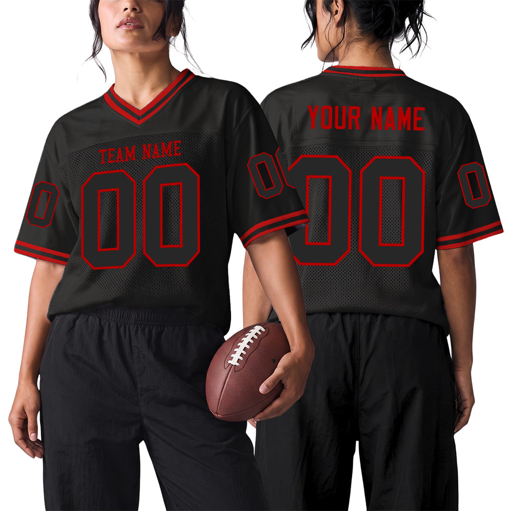 Custom Black Red Mesh Throwback Mesh Football Jersey