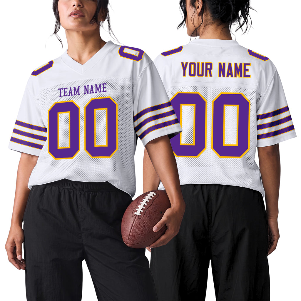 Custom White Purple-Gold Mesh Football Jersey