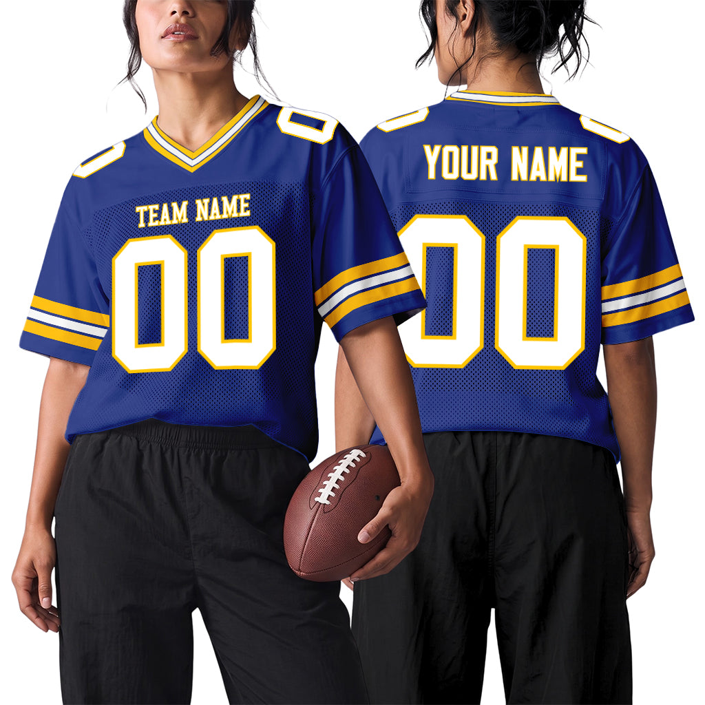 Custom Royal White-Yellow Mesh Football Jersey
