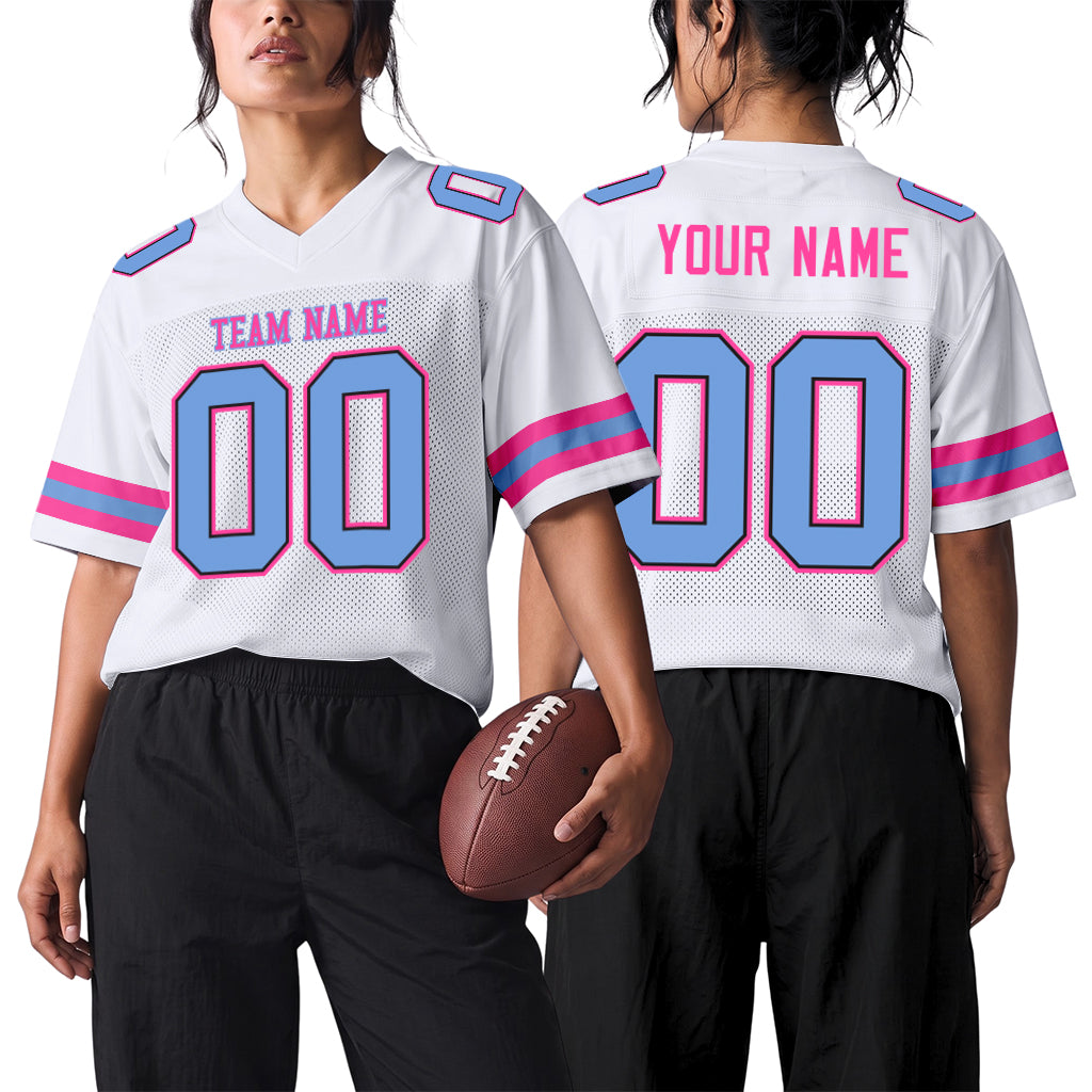 Custom White Light Blue-Pink Mesh Football Jersey