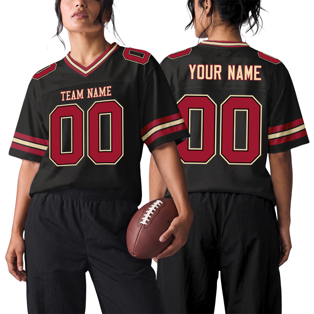 Custom Black Crimson-City Cream Mesh Football Jersey