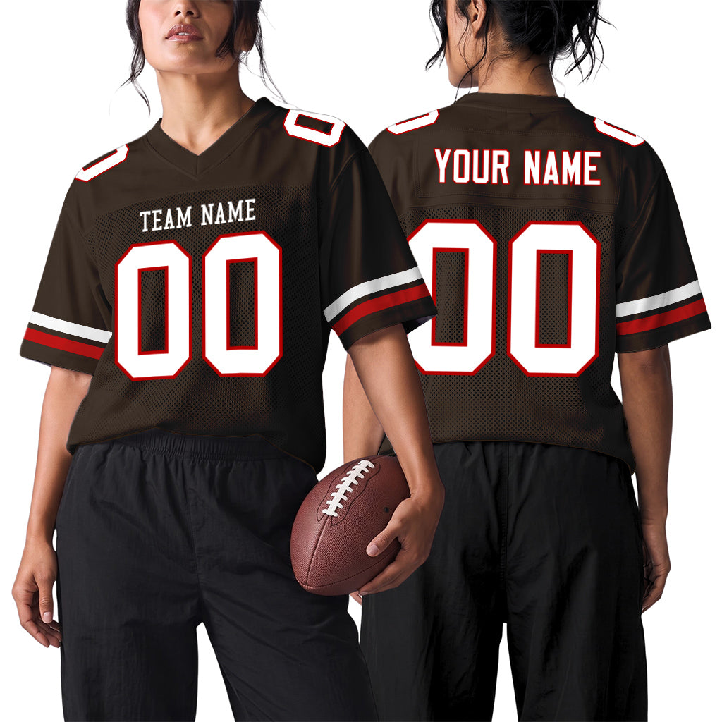 Custom Brown White-Red Mesh Football Jersey