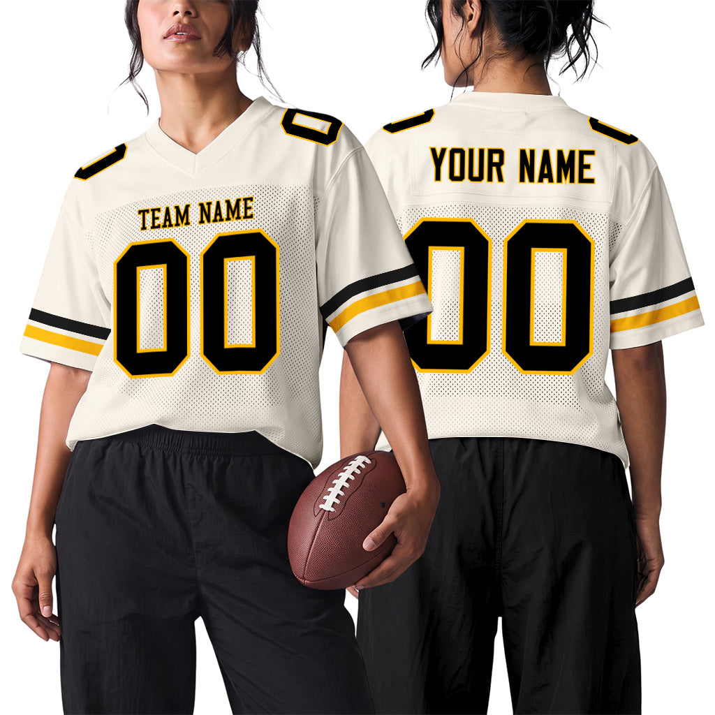 Custom Cream Black-Gold Mesh Football Jersey
