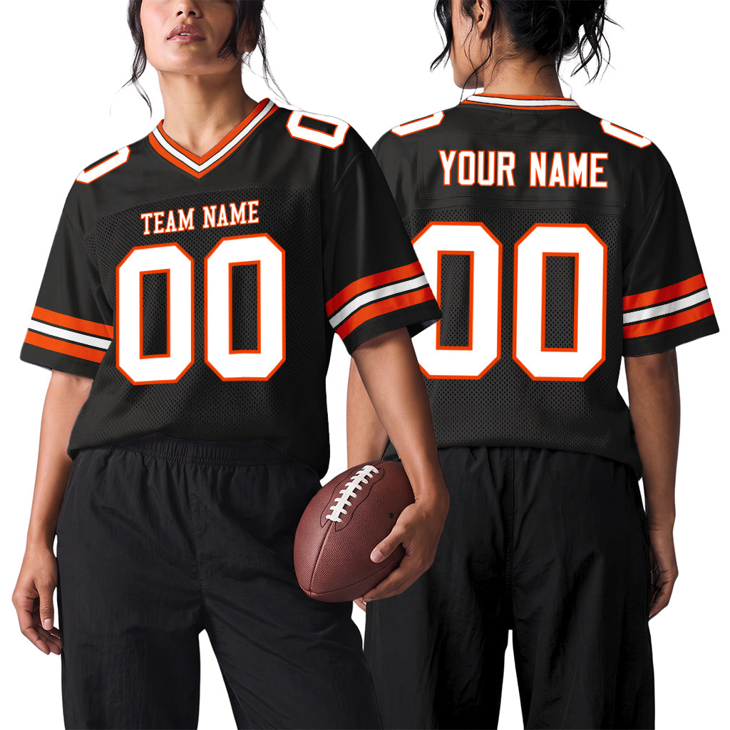 Custom Black White-Orange Mesh Football Jersey