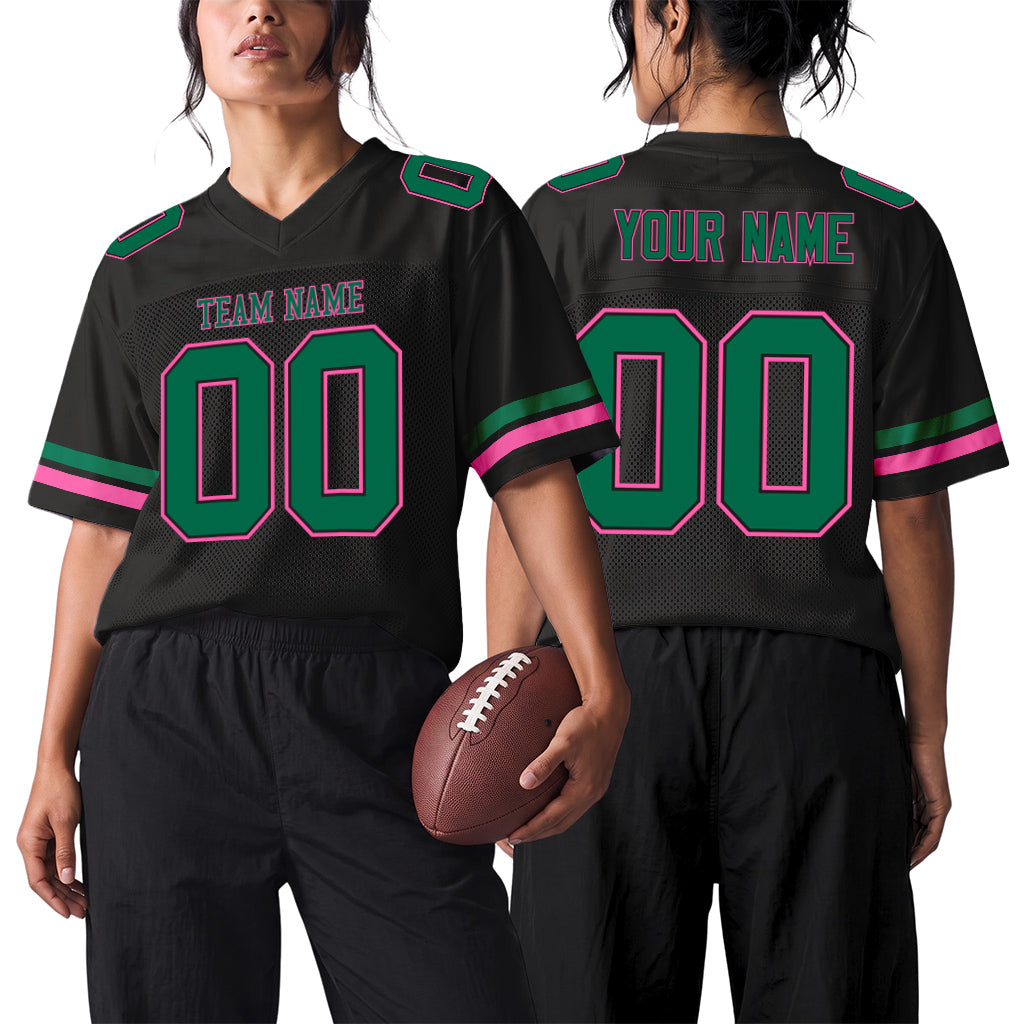 Custom Black Kelly Green-Pink Mesh Football Jersey