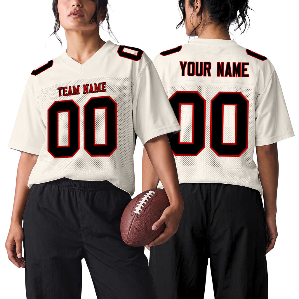 Custom Cream Black-Red Mesh Football Jersey