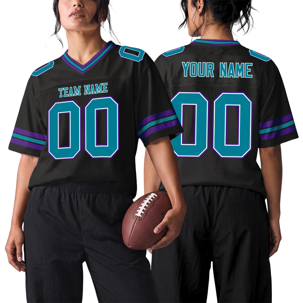 Custom Black Teal-Purple Mesh Football Jersey