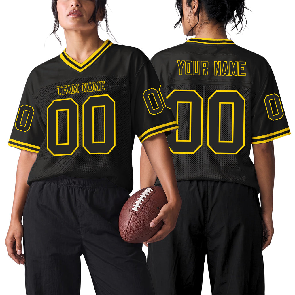 Custom Black Black-Gold Mesh Throwback Mesh Football Jersey