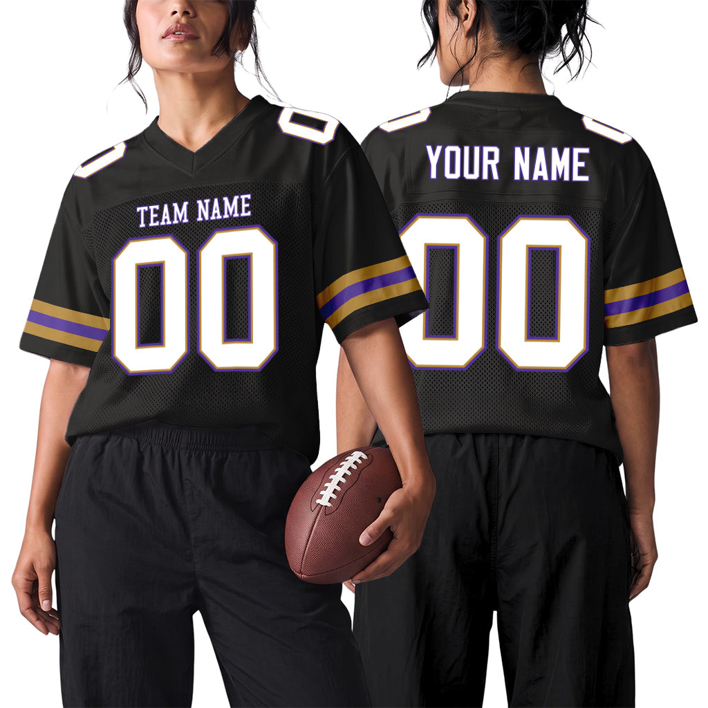 Custom Black White-Purple Mesh Football Jersey