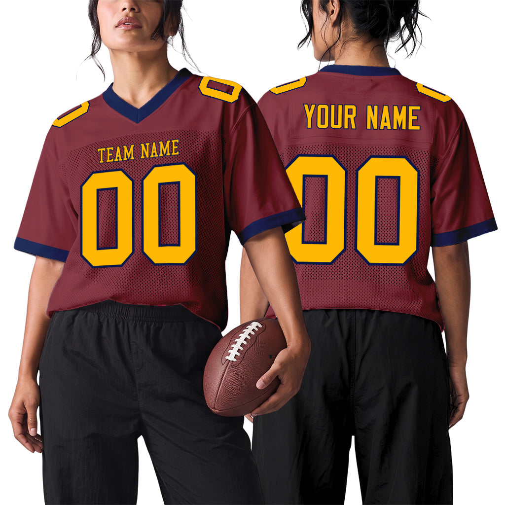 Custom Burgundy Gold-Navy Mesh Football Jersey