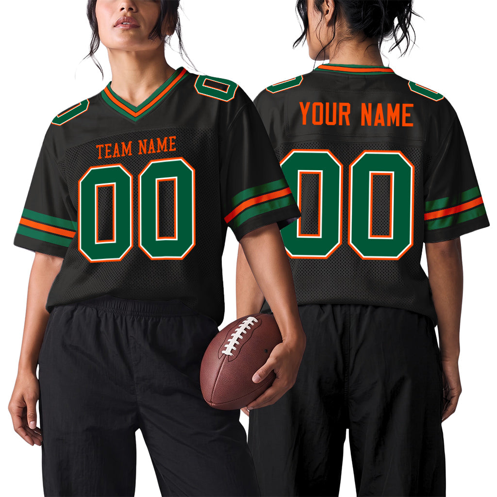 Custom Black Kelly Green-Orange Mesh Football Jersey