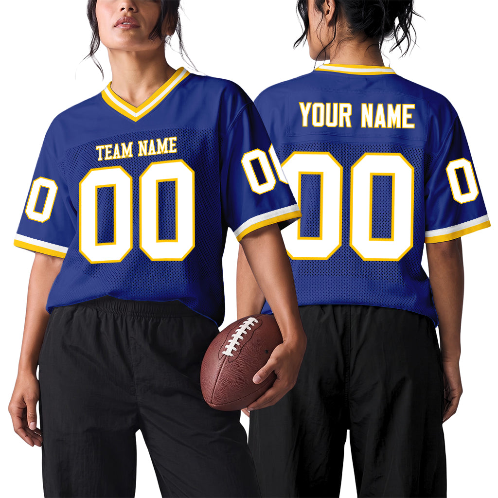 Custom Royal White-Gold Mesh Football Jersey