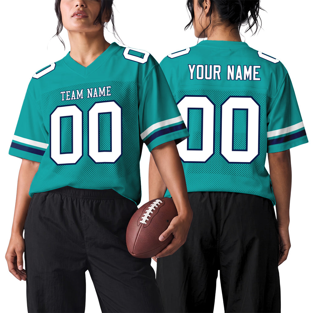 Custom Aqua White-Navy Mesh Football Jersey