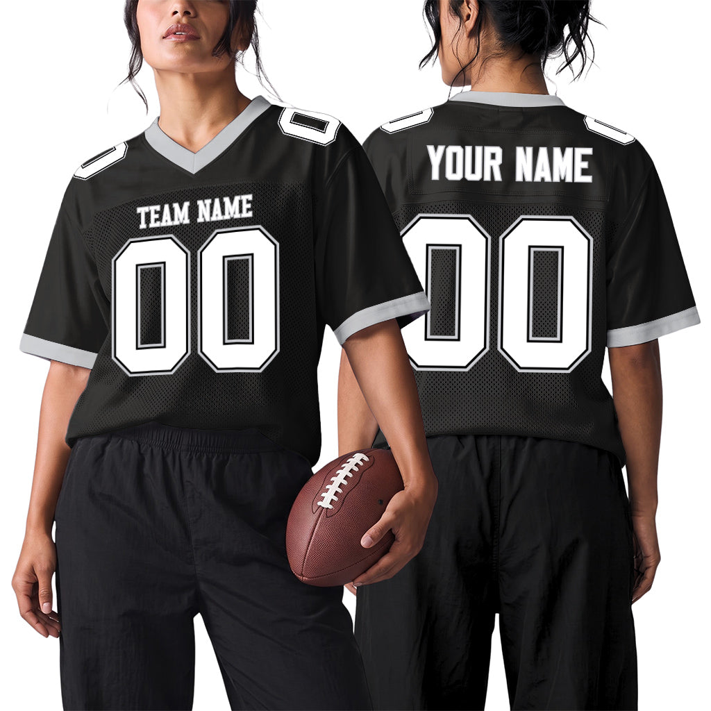 Custom Black White-Gray Custom Name Mesh Football Jersey