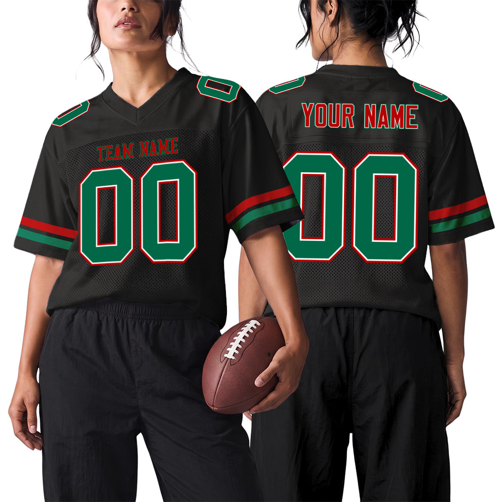 Custom Black Kelly Green-Red Mesh Football Jersey