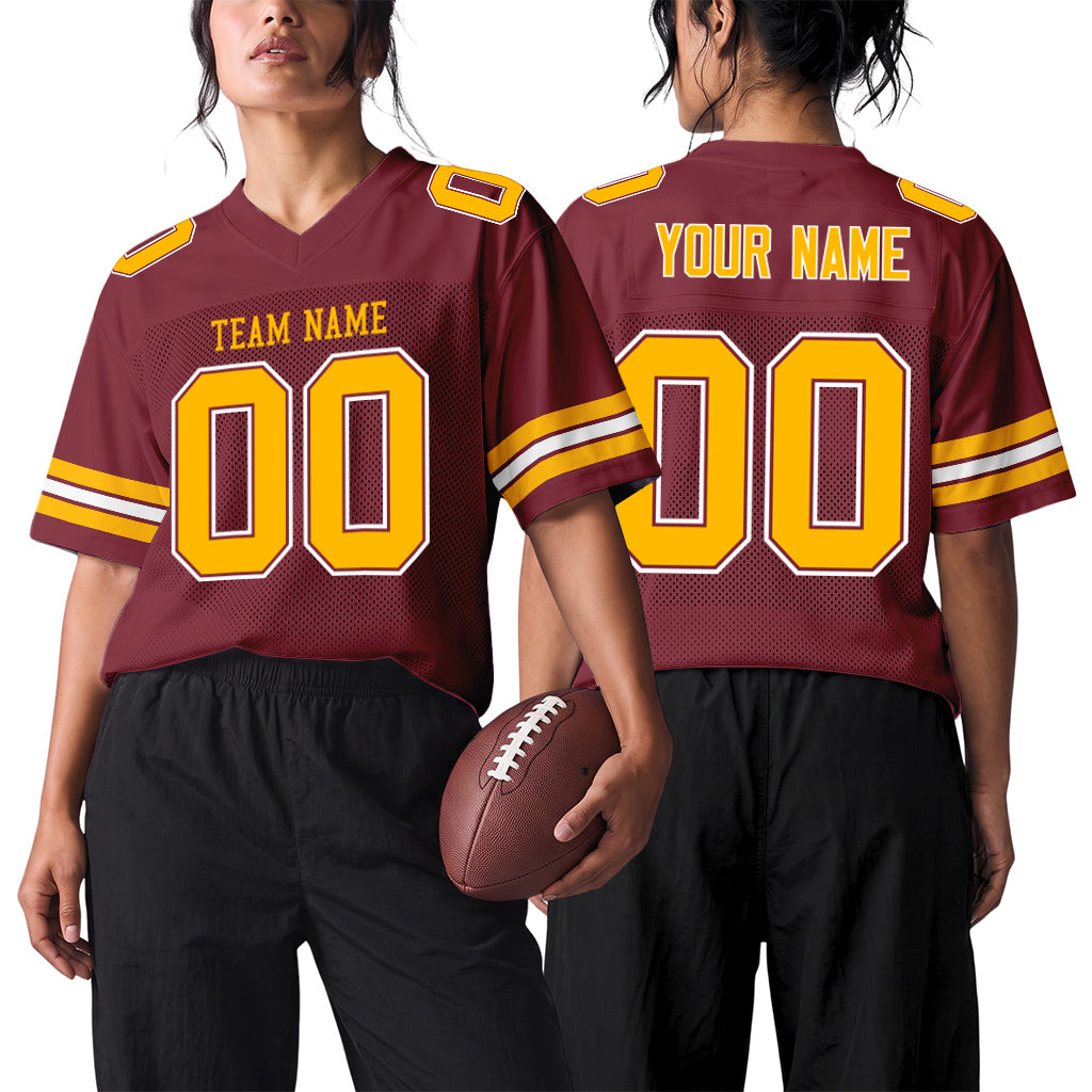 Custom Burgundy Gold-White Mesh Football Jersey