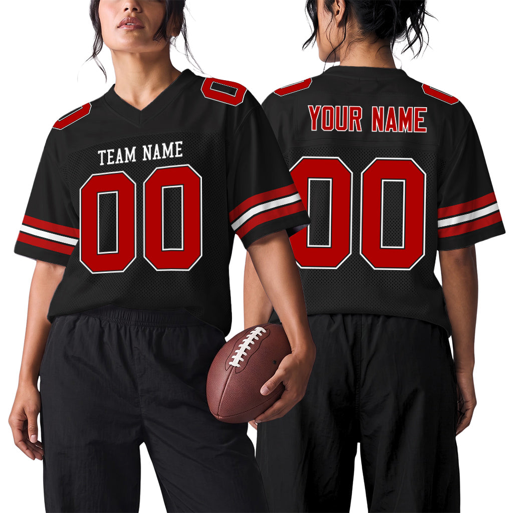 Custom Black Red-White Mesh Football Jersey