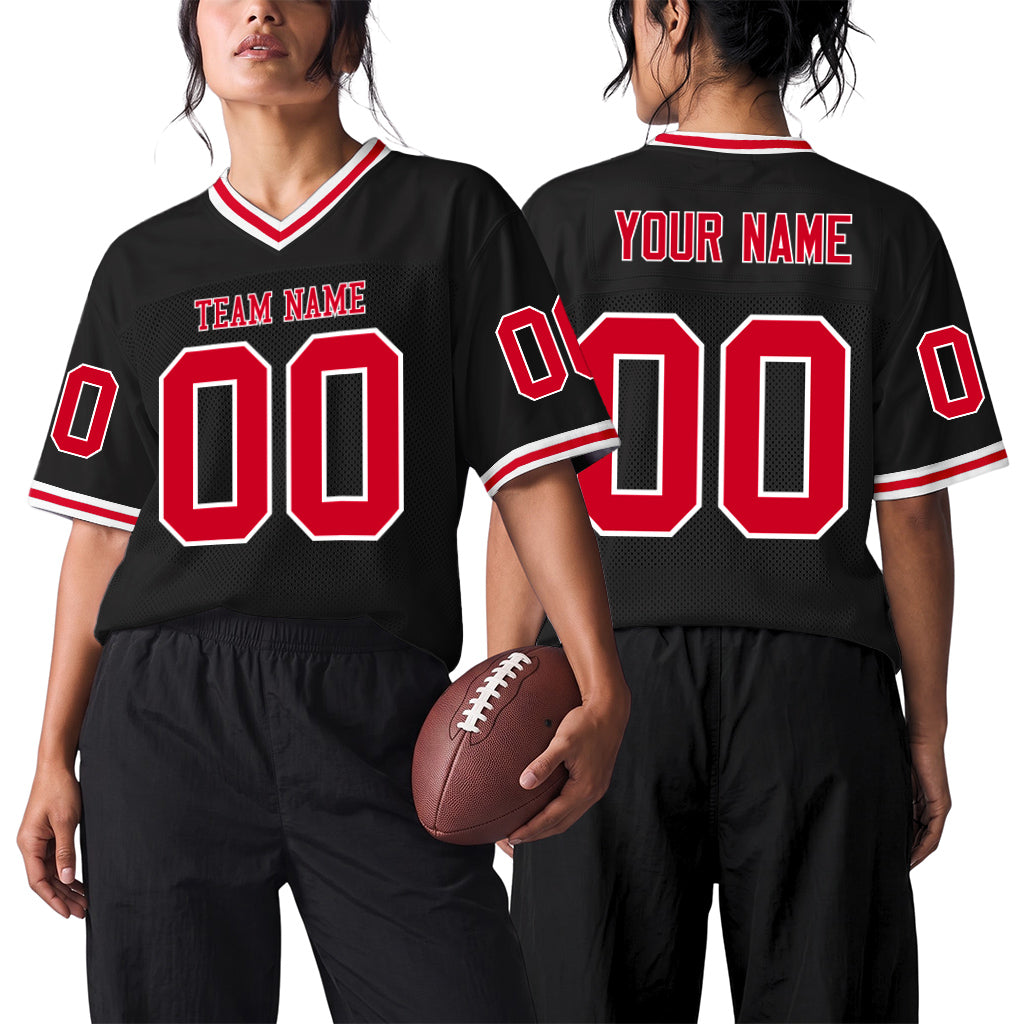 Custom Black Red-White Mesh Football Jersey