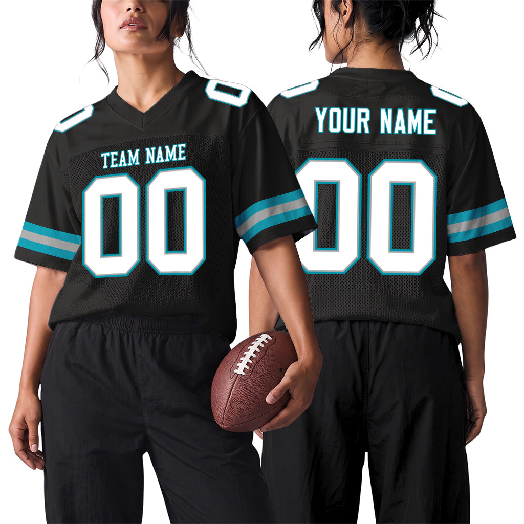Custom Black White-Teal Mesh Football Jersey
