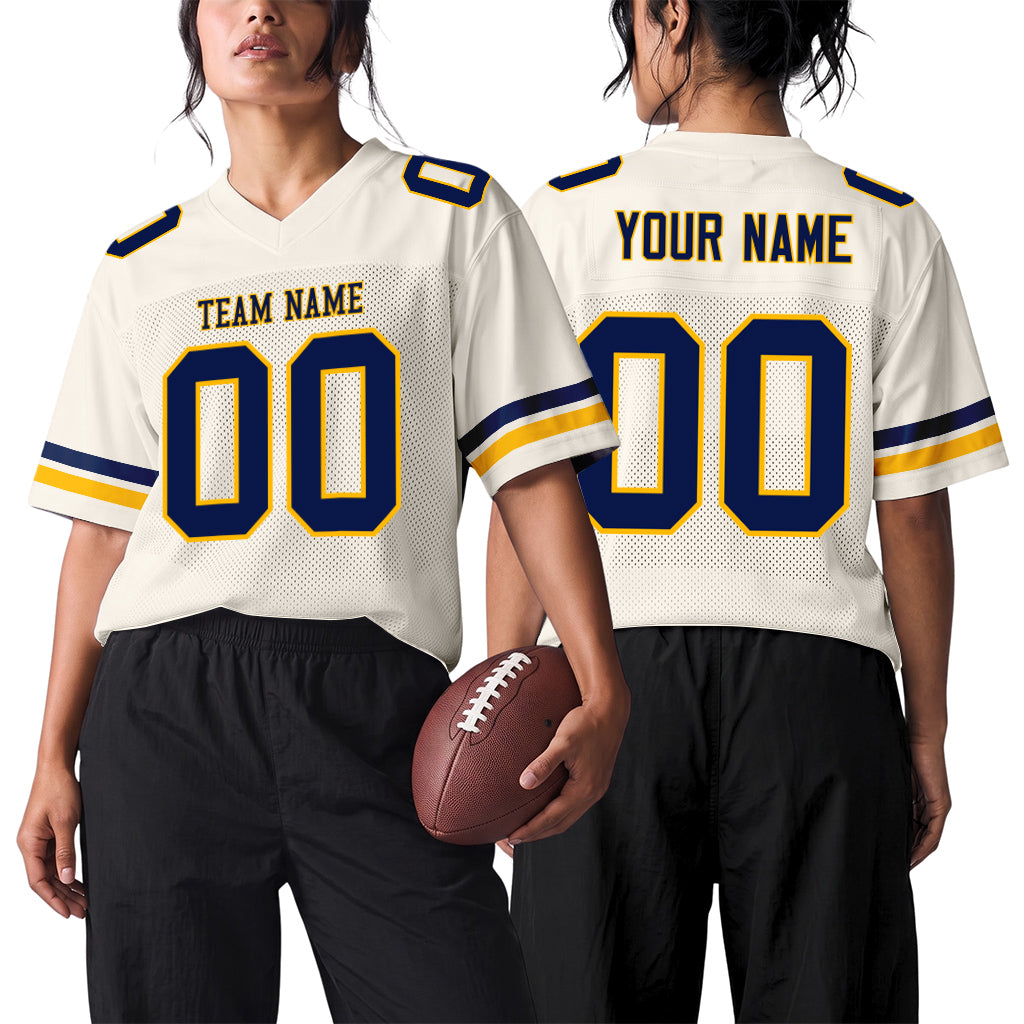 Custom Cream Navy-Gold Mesh Football Jersey