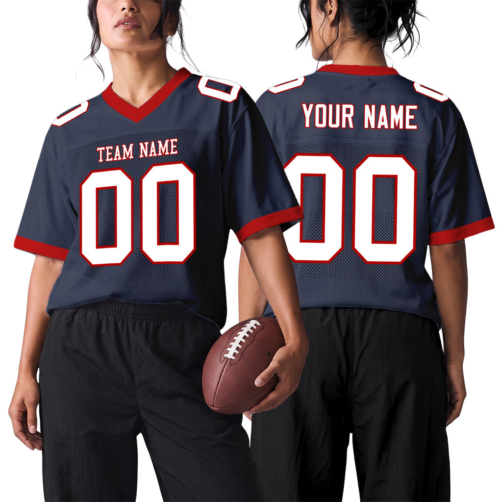 Custom Navy White-Red Mesh Football Jersey