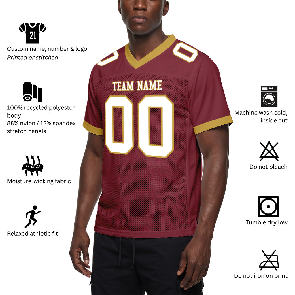 Custom Burgundy White-Old Gold Mesh Football Jersey