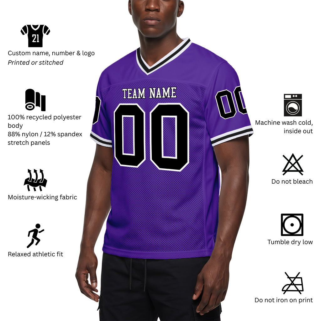 Custom Purple Black-White Mesh Football Jersey