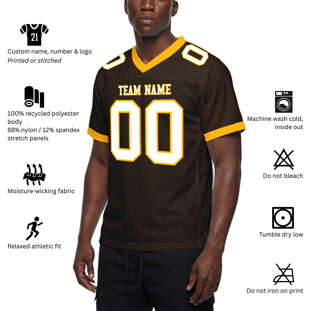 Custom Brown White-Gold Mesh Football Jersey