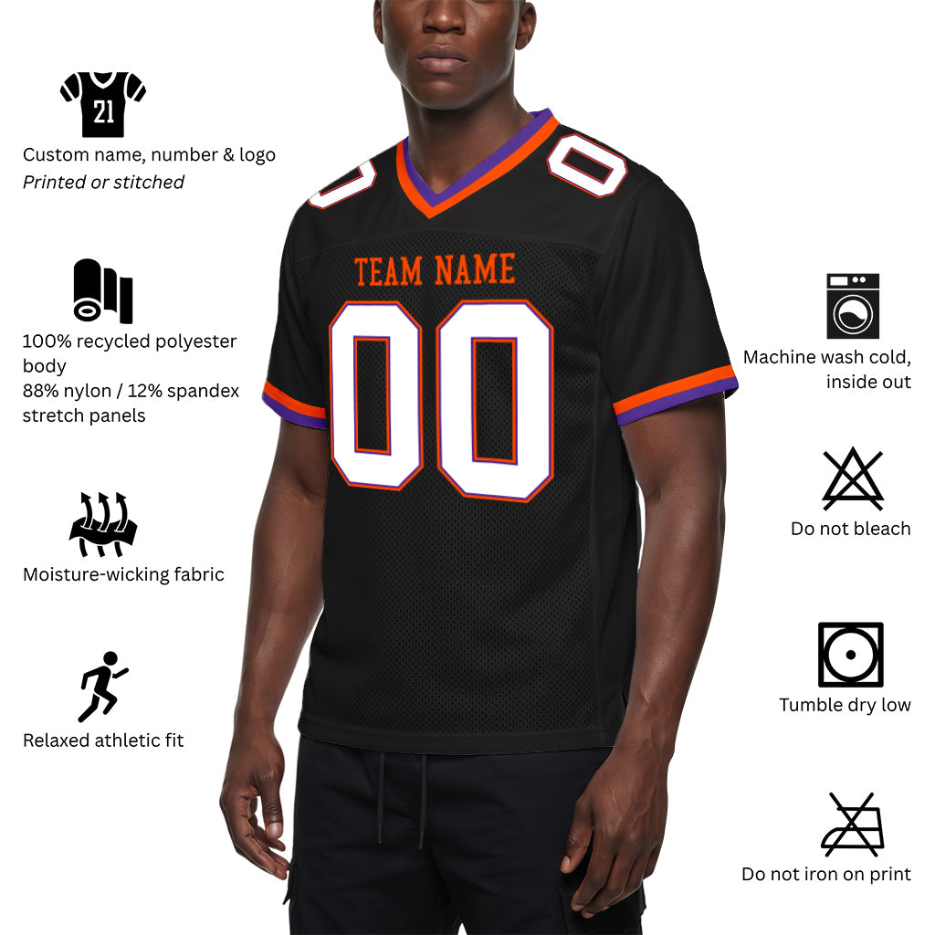 Custom Black Purple-Orange Mesh Football Jersey