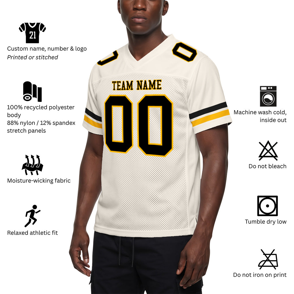 Custom Cream Black-Gold Mesh Football Jersey