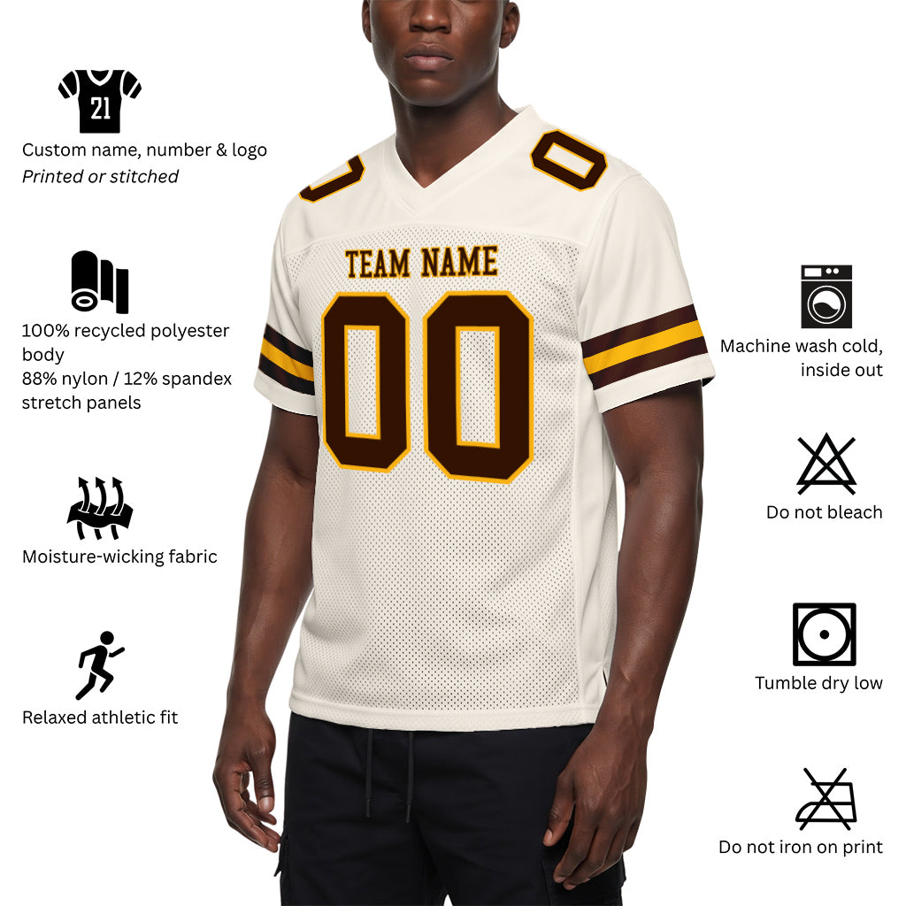 Custom Cream Brown-Gold Mesh Football Jersey