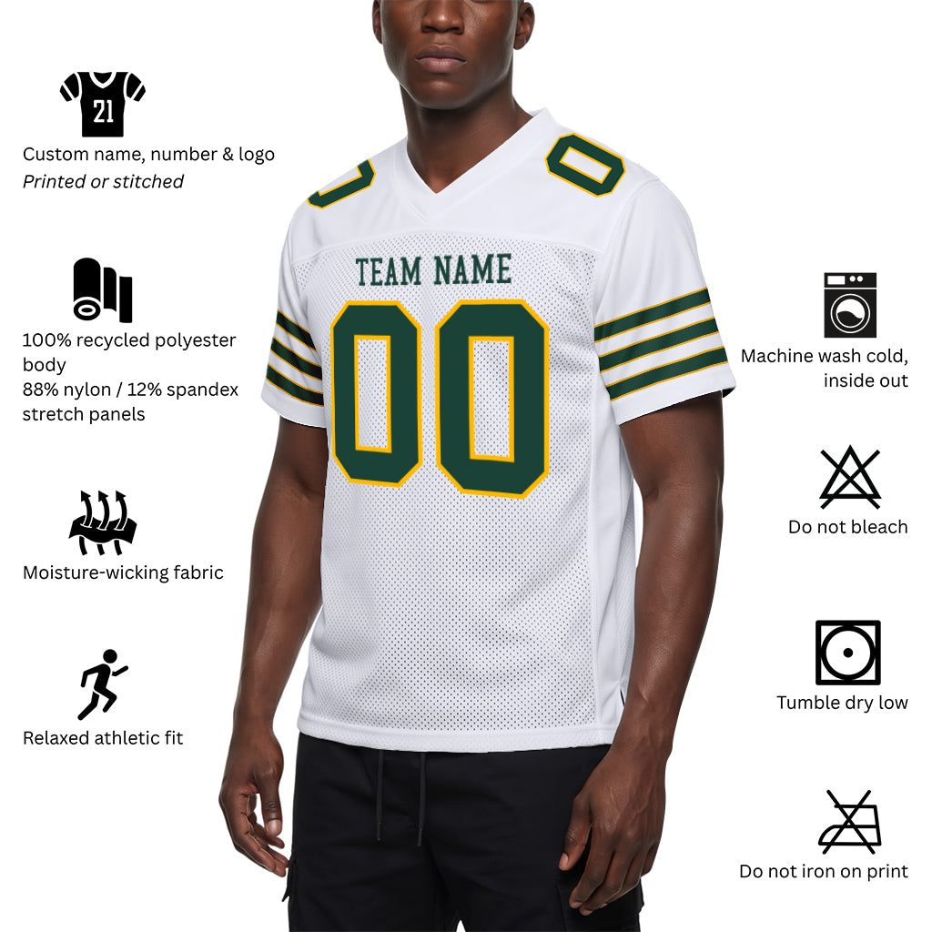 Custom White Green-Gold Mesh Football Jersey