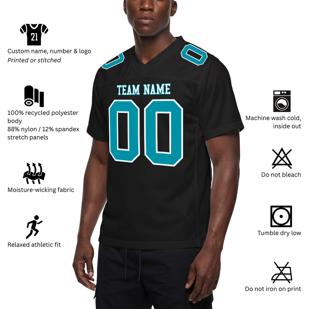 Custom Black Teal-White Mesh Football Jersey