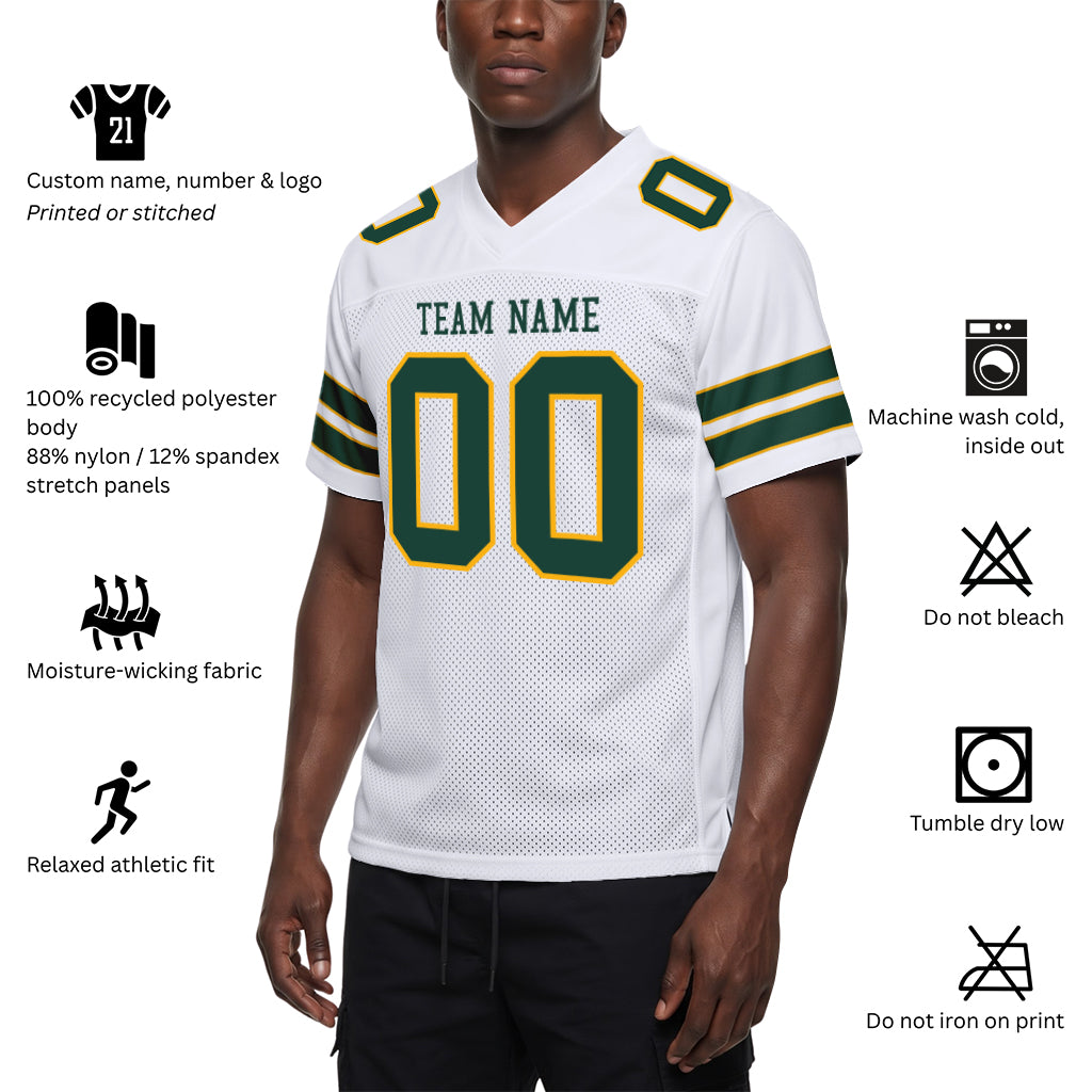 Custom White Green-Gold Mesh Football Jersey