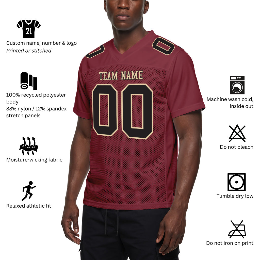 Custom Burgundy Black-Cream Mesh Football Jersey