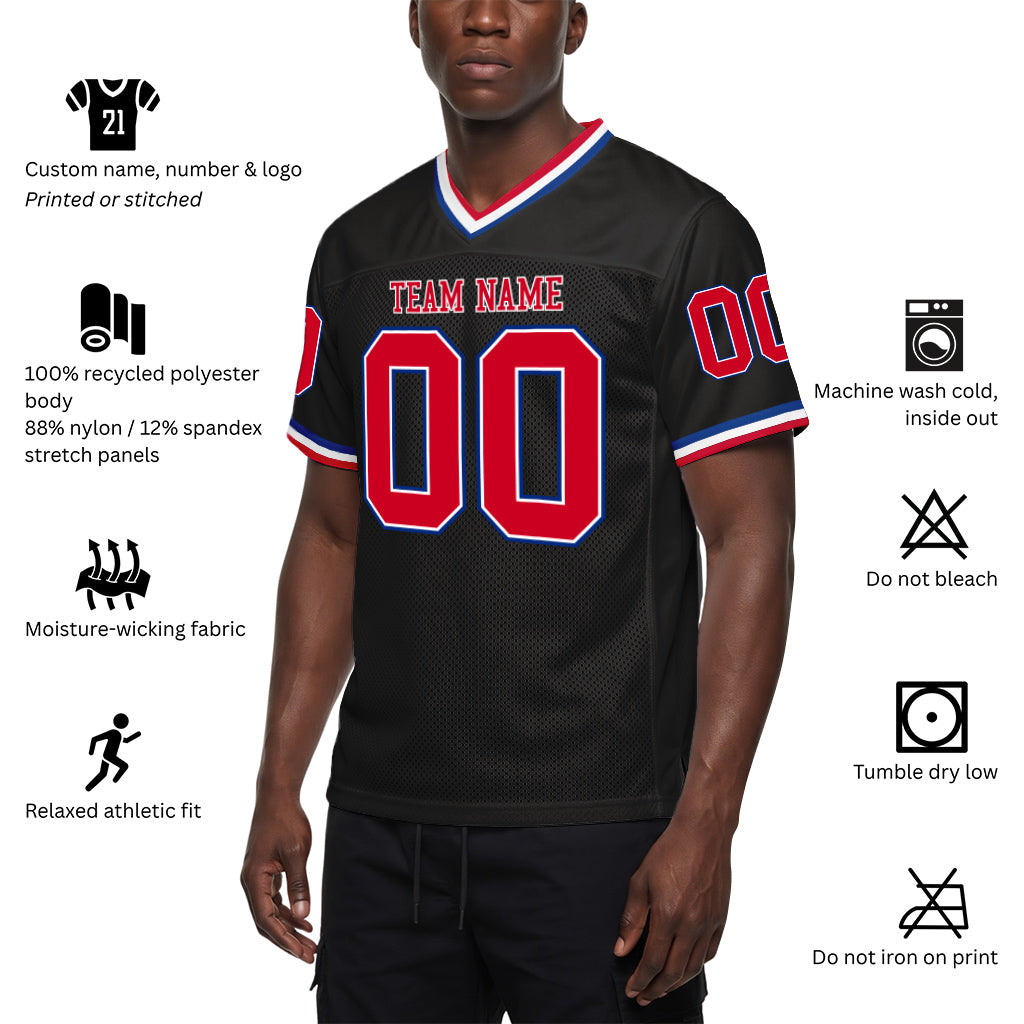 Custom Black Red-Royal Mesh Throwback Mesh Football Jersey