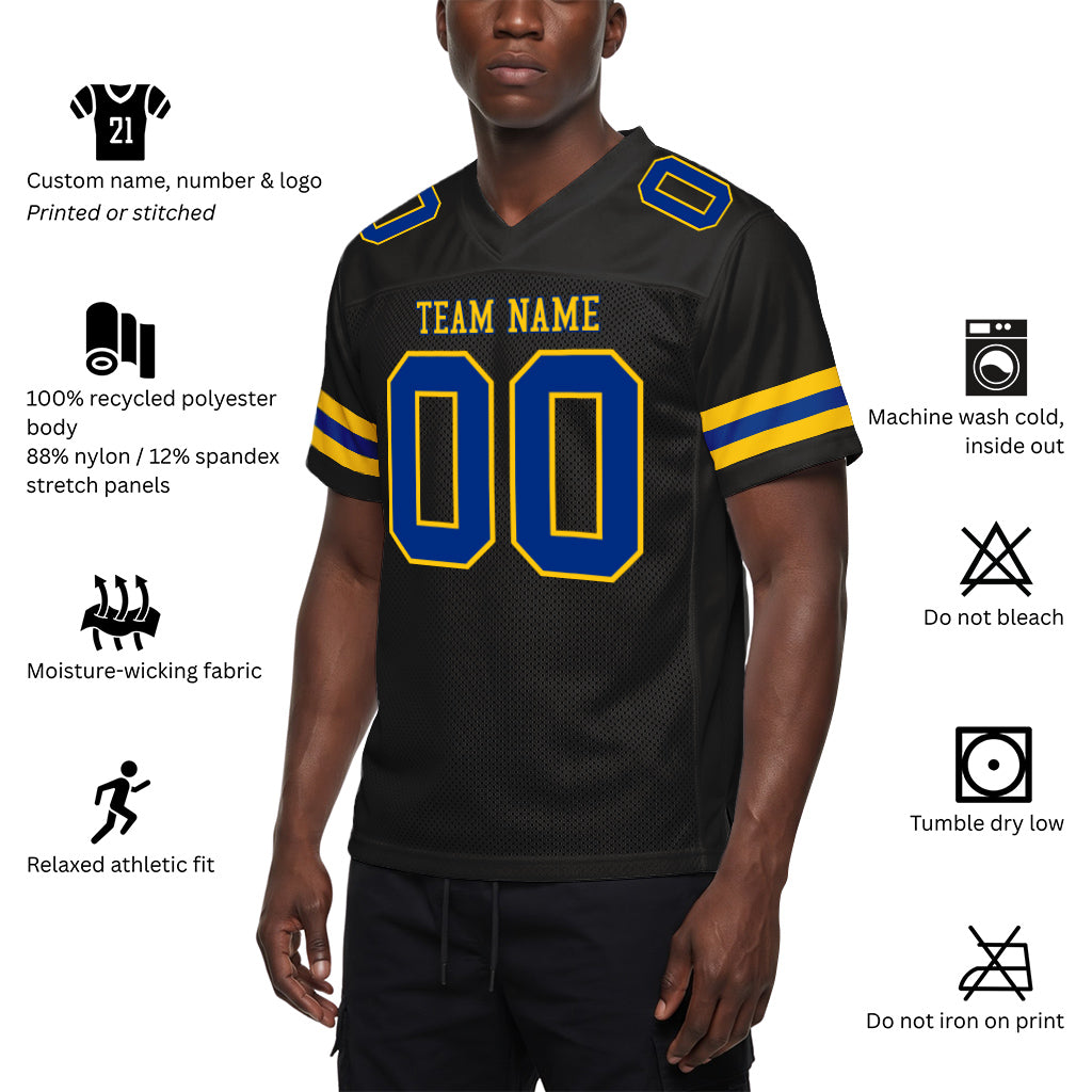 Custom Black Royal-Yellow Mesh Football Jersey