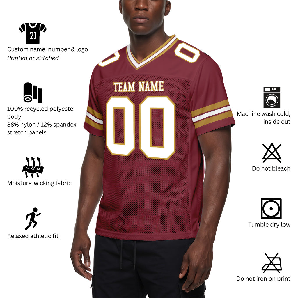 Custom Burgundy White-Old Gold Mesh Football Jersey